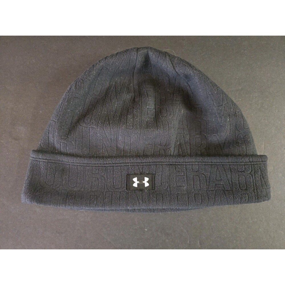 Under Armour Womens Black Fleece Beanie Hat OSFA Embossed Text Classic Logo
